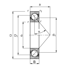 角接觸球軸承 7208-B-JP, 根據(jù) DIN 628-1 標準的主要尺寸，接觸角 α = 40°