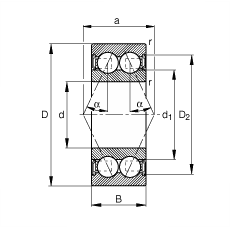 角接觸球軸承 3810-B-2RSR-TVH, 雙列，雙側(cè)唇密封，接觸角 α = 25°