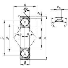 四點(diǎn)接觸球軸承 QJ244-N2-MPA, 根據(jù) DIN 628-4 的主要尺寸， 可以拆卸，剖分內(nèi)圈，帶兩個(gè)止動(dòng)槽