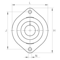 軸承座單元 FLCTEY40, 帶兩個螺栓孔的法蘭的軸承座單元，鑄鐵， 內(nèi)圈帶平頭螺釘， P 型密封，無再潤滑結(jié)構(gòu)