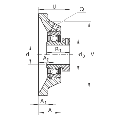 軸承座單元 PCJ45-FA125, 帶四個(gè)螺栓孔的法蘭的軸承座單元，鑄鐵，偏心鎖圈，P型密封，耐腐蝕保護(hù)