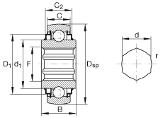 外球面球軸承 SK014-205-KRR-B, 球面外圈，內(nèi)圈帶六角形孔，兩側(cè) R 型密封