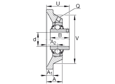 軸承座單元 RCJY2-7/16, 四角法蘭軸承座單元，鑄鐵，根據(jù) ABMA 15 - 1991, ABMA 14 - 1991 內(nèi)圈帶有平頭螺栓，R型密封， ISO3228，英制