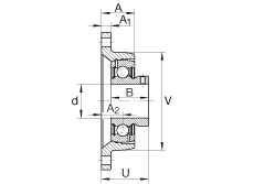 軸承座單元 PCJTY1, 對角法蘭軸承座單元，鑄鐵，根據(jù) ABMA 15 - 1991, ABMA 14 - 1991, ISO3228 內(nèi)圈帶有平頭螺栓，P型密封，英制